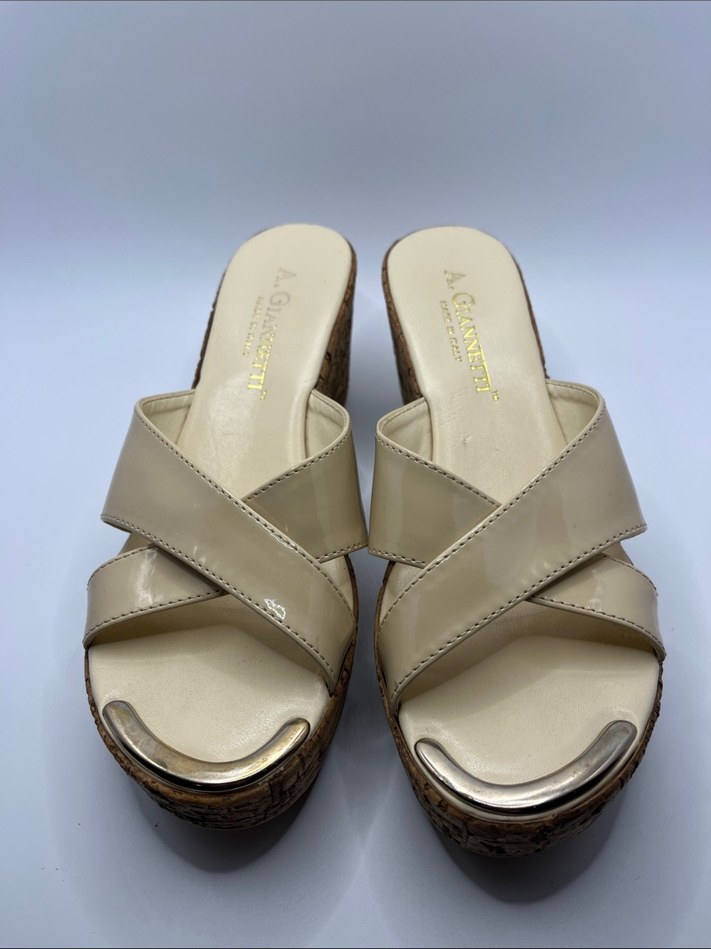 A. Giannetti Cream Patent Leather Cork Wedge Sandals
